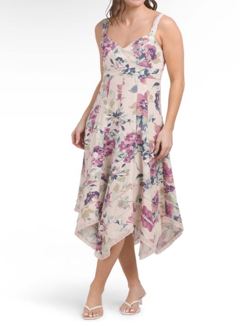 Laura Ashley Linen Blend Floral Handkerchief Hem Midi Dress Pockets Cottagecore